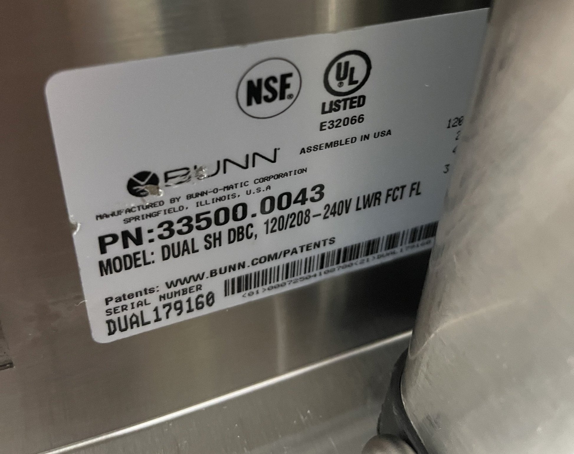 Used Bunn BrewWISE Dual Coffee Brewer Maker at Falcon Restaurant Supply - Data plate