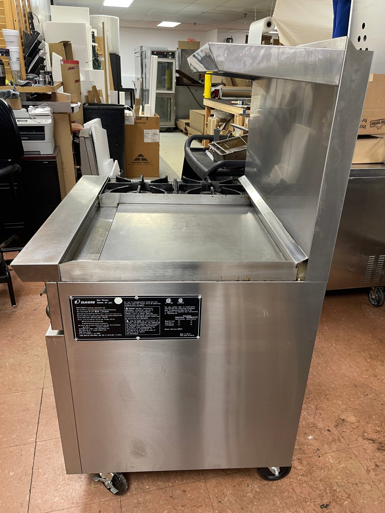 Used 36" Dukers DCR36 - 2B24GM Gas Range with 2 Burners & 24″ Flat Top Griddle - Falcon Restaurant Supply - 6