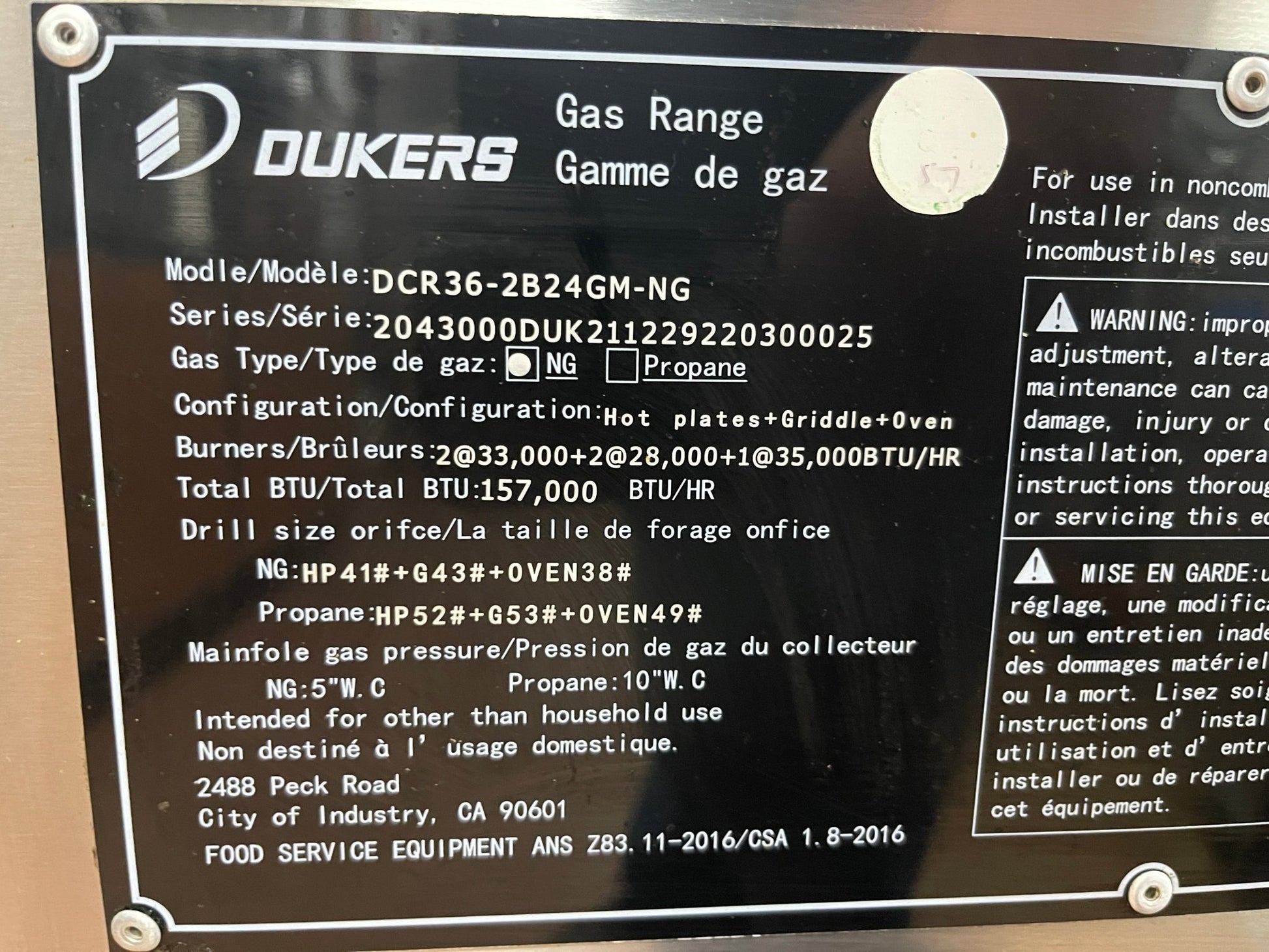 Used 36" Dukers DCR36 - 2B24GM Gas Range with 2 Burners & 24″ Flat Top Griddle - Falcon Restaurant Supply - 7