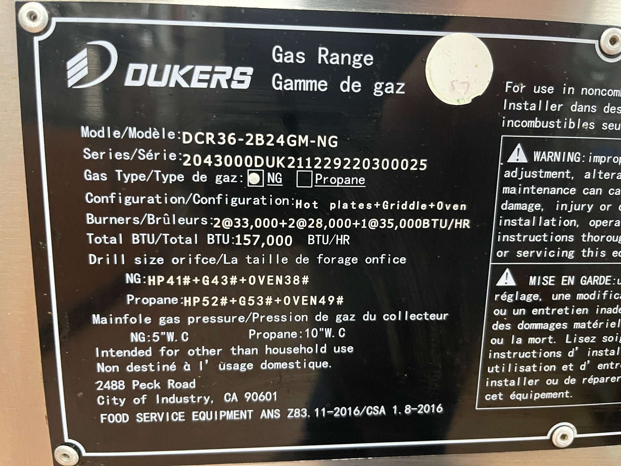 Used 36" Dukers DCR36 - 2B24GM Gas Range with 2 Burners & 24″ Flat Top Griddle - Falcon Restaurant Supply - 7