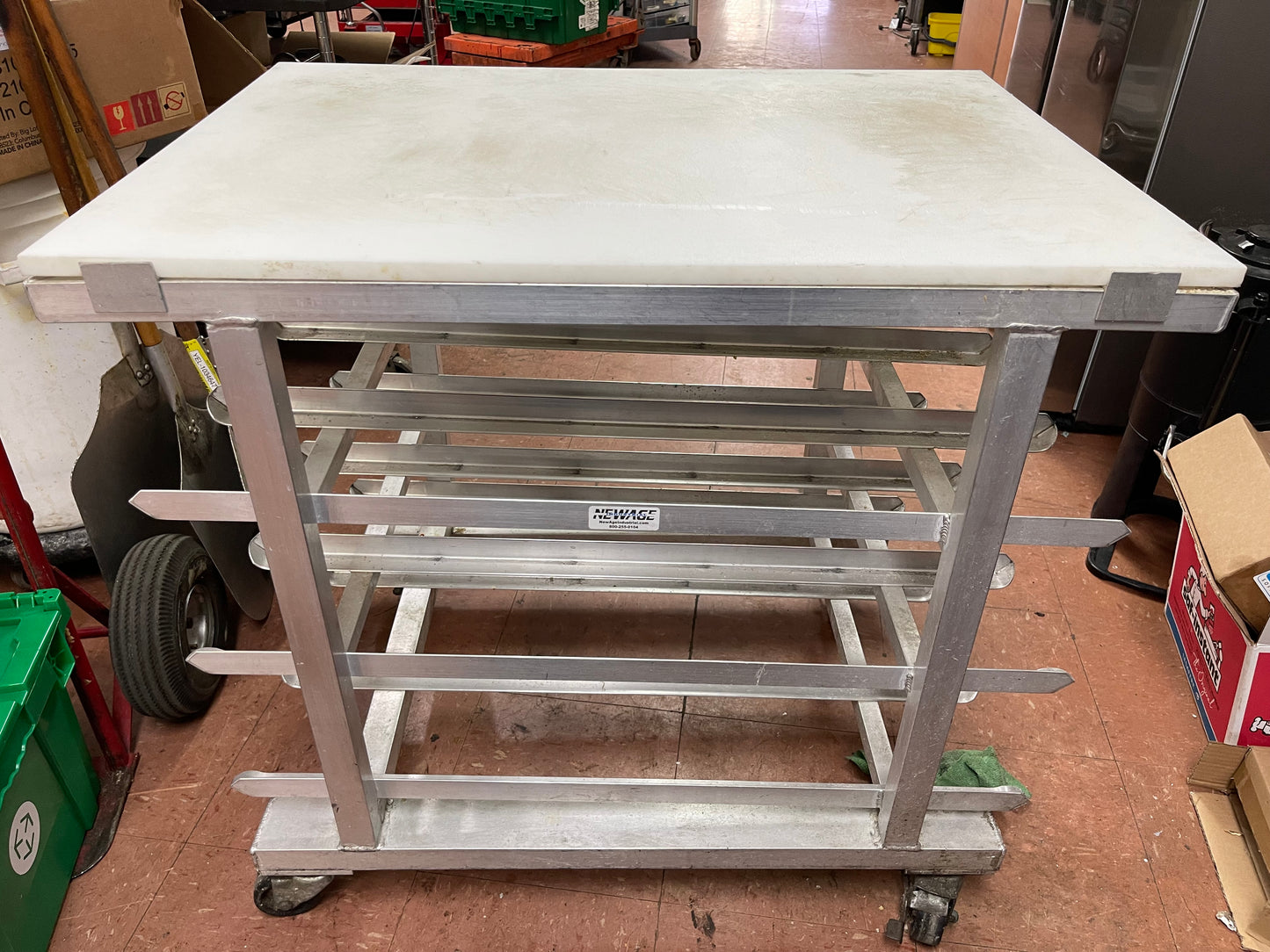 Used New Age 1/2 Size Mobile Can Storage Rack w/Poly Work Top - SS265