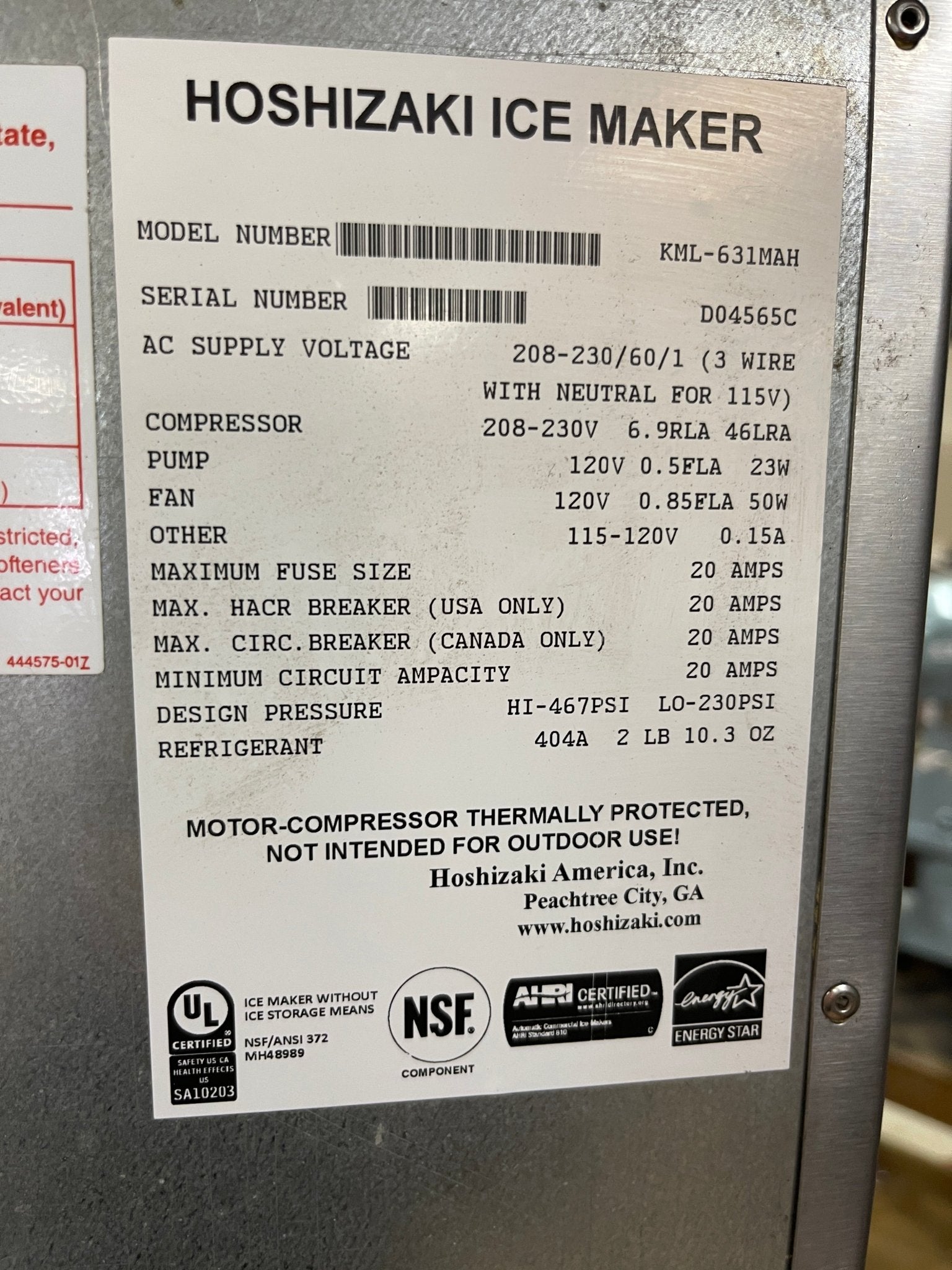 Hoshizaki ice maker label with specifications on a metallic surface