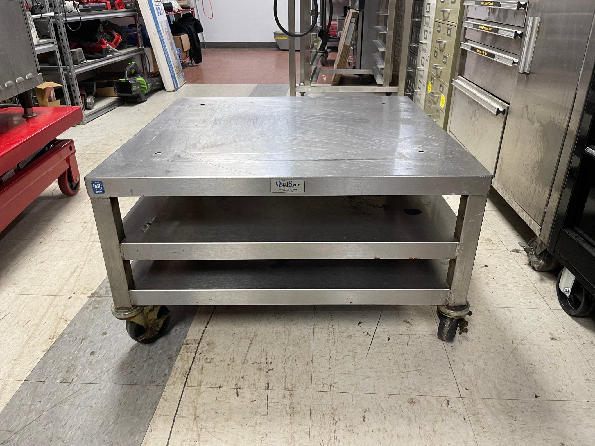 Used QualServ Stainless Steel Equipment Stand w Casters 30"x30"x17" - Falcon Restaurant Supply - 1