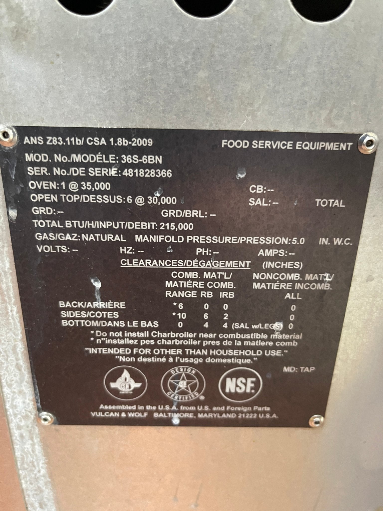 Used 36" Vulcan 36S - 6BN 6 Burner Range with Standard Oven NG 215,000 BTU - Falcon Restaurant Supply - 8