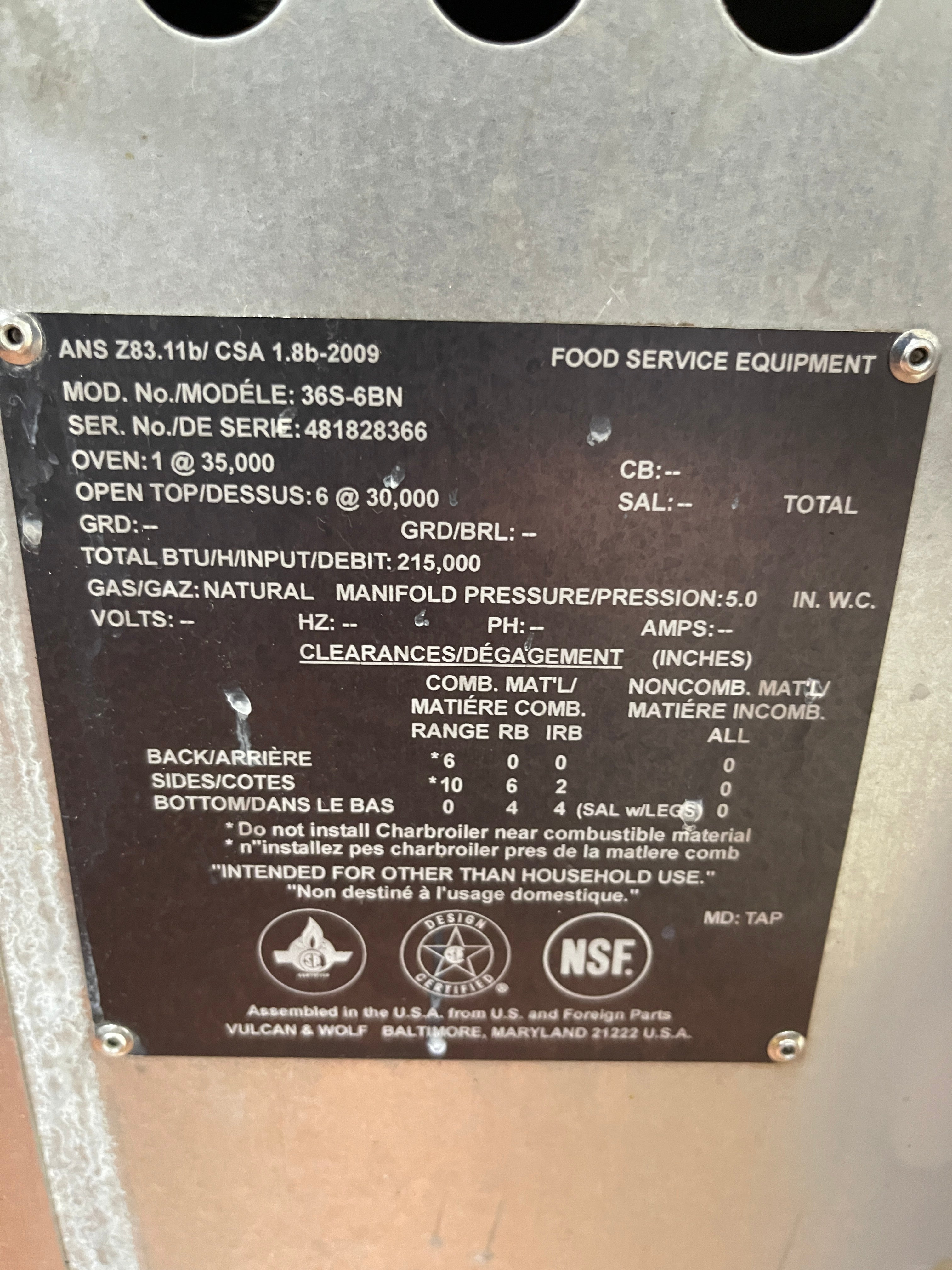 Used 36" Vulcan 36S-6BN 6 Burner Range with Standard Oven NG 215,000 BTU