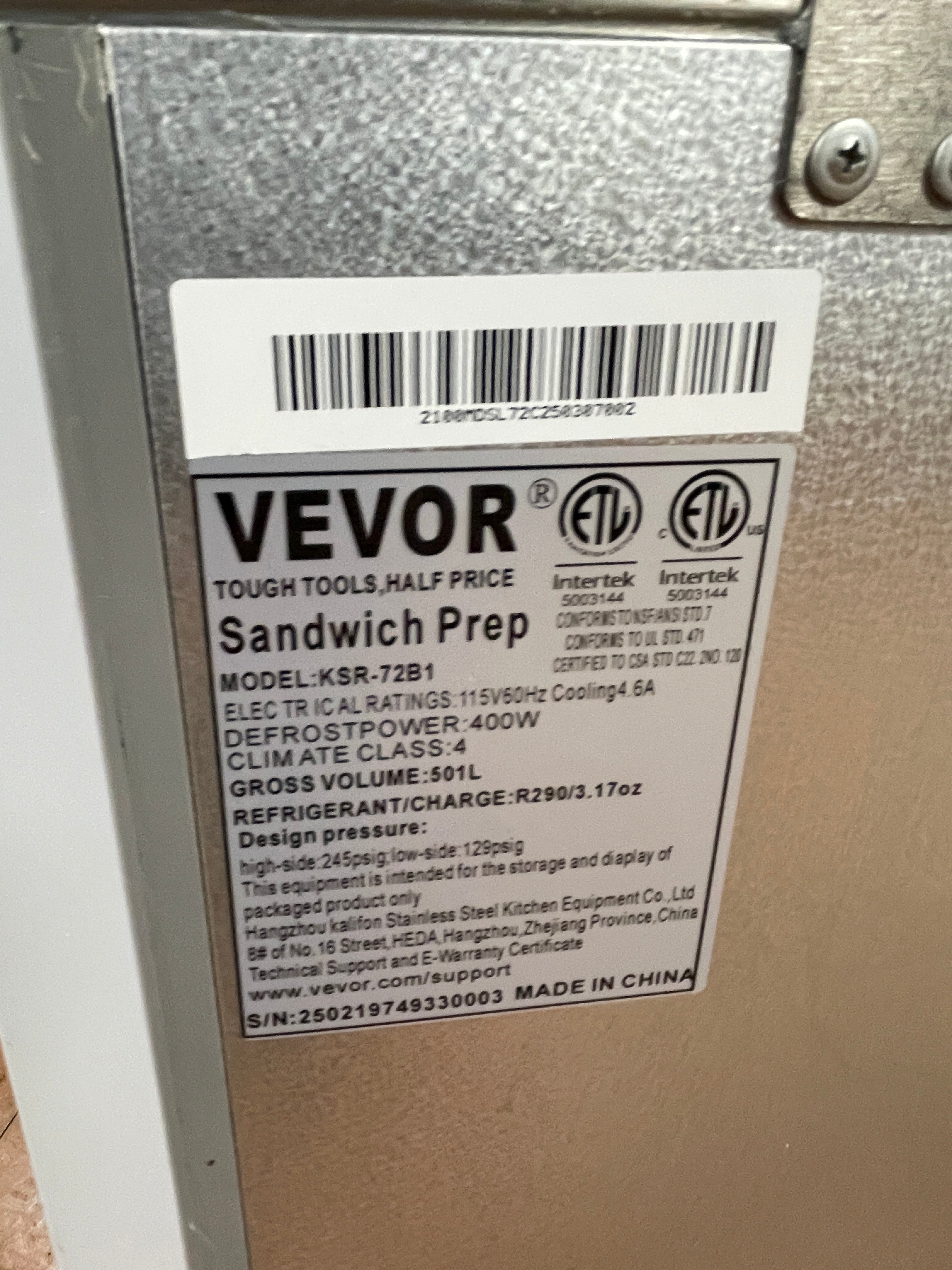 Used 72" Vevor KSR-72B1 Refrigerated Stainless Sandwich Prep Table 115V As Is