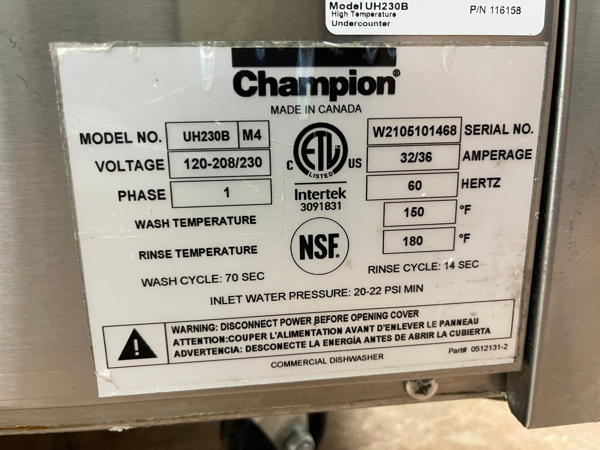 Used Champion UH - 230B High Temperature Undercounter Dishwasher 120 - 208/230V - Falcon Restaurant Supply - 7