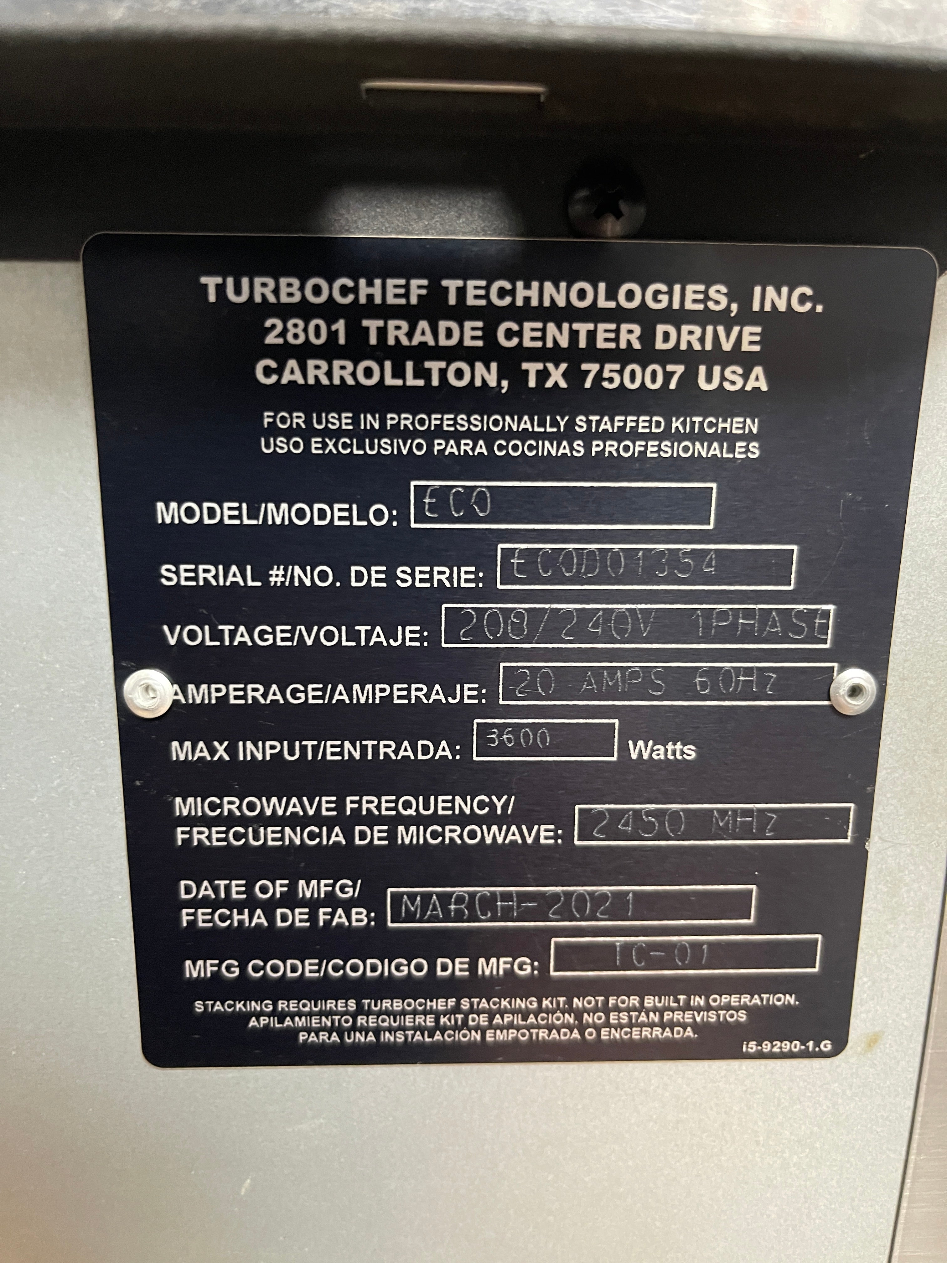 Used 2021 TurboChef Eco Electric Countertop Rapid Cook Ventless Oven 208/240V