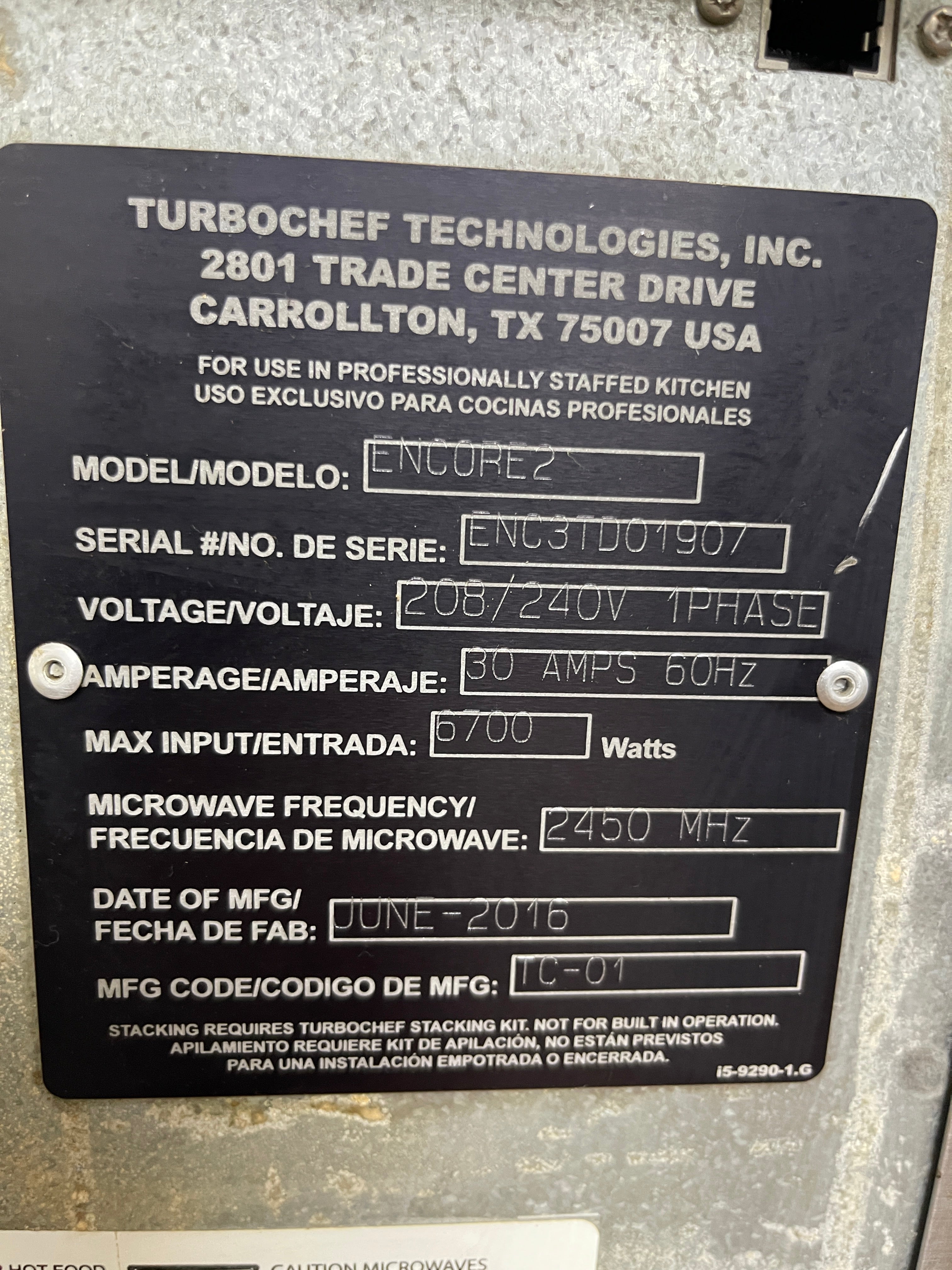 Used 2016 Turbochef Encore 2 Rapid Cook Oven - Accelerated Oven - RK