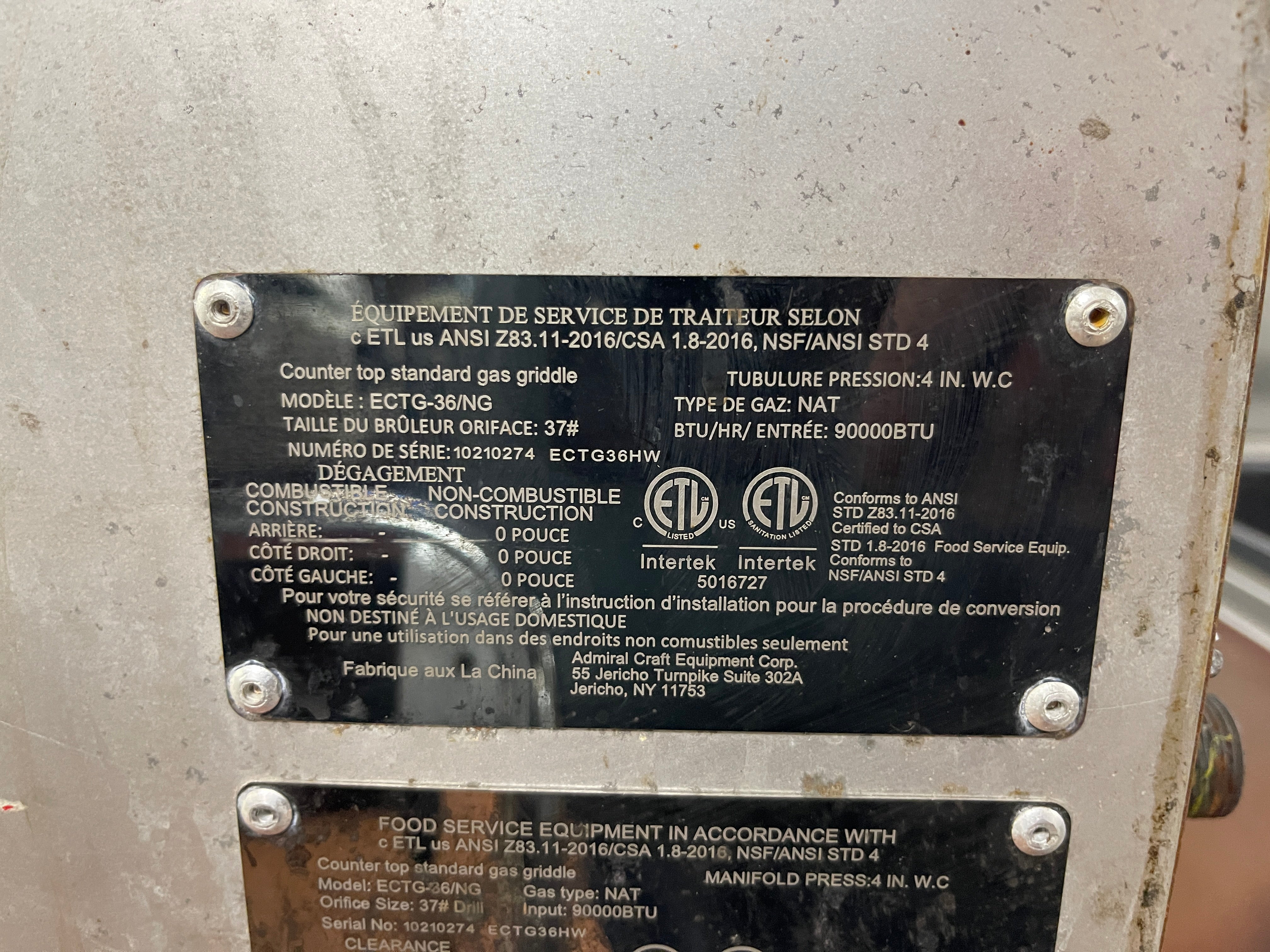 Used Adcraft 36" ECTG-36 NG Stainless Countertop Griddle 90,000 BTU