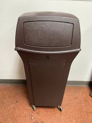 Used Rubbermaid 35 Gallon Plastic Square 2 Door Trash Can on Casters - FG6