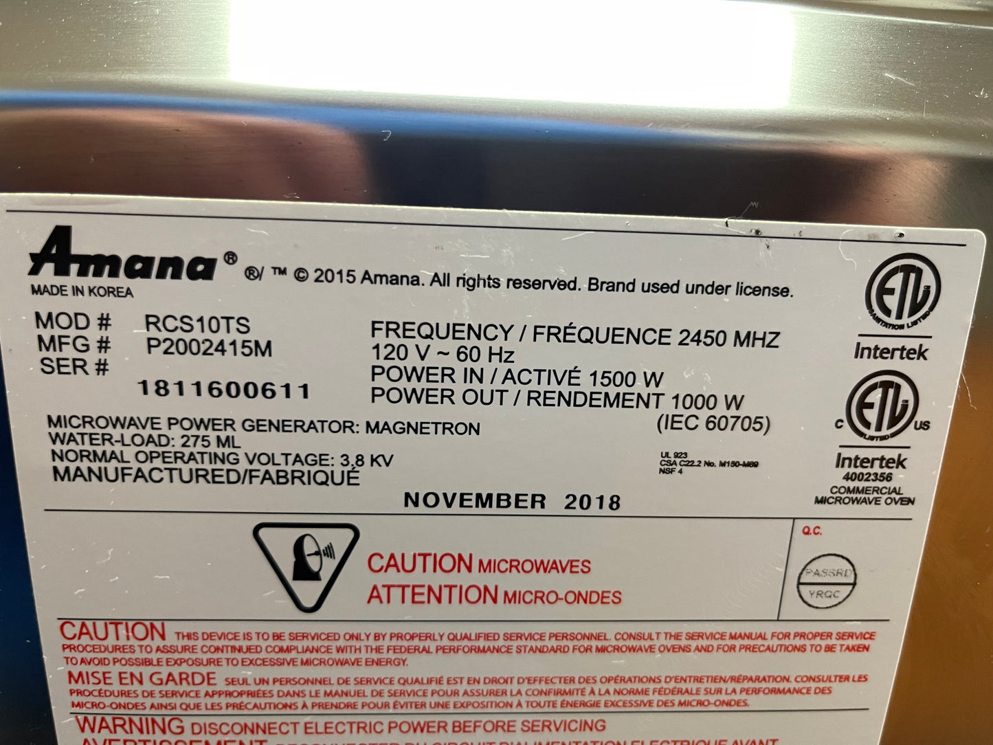 2018 Amana RCS10TS Stackable Commercial Microwave 120V, 1000W