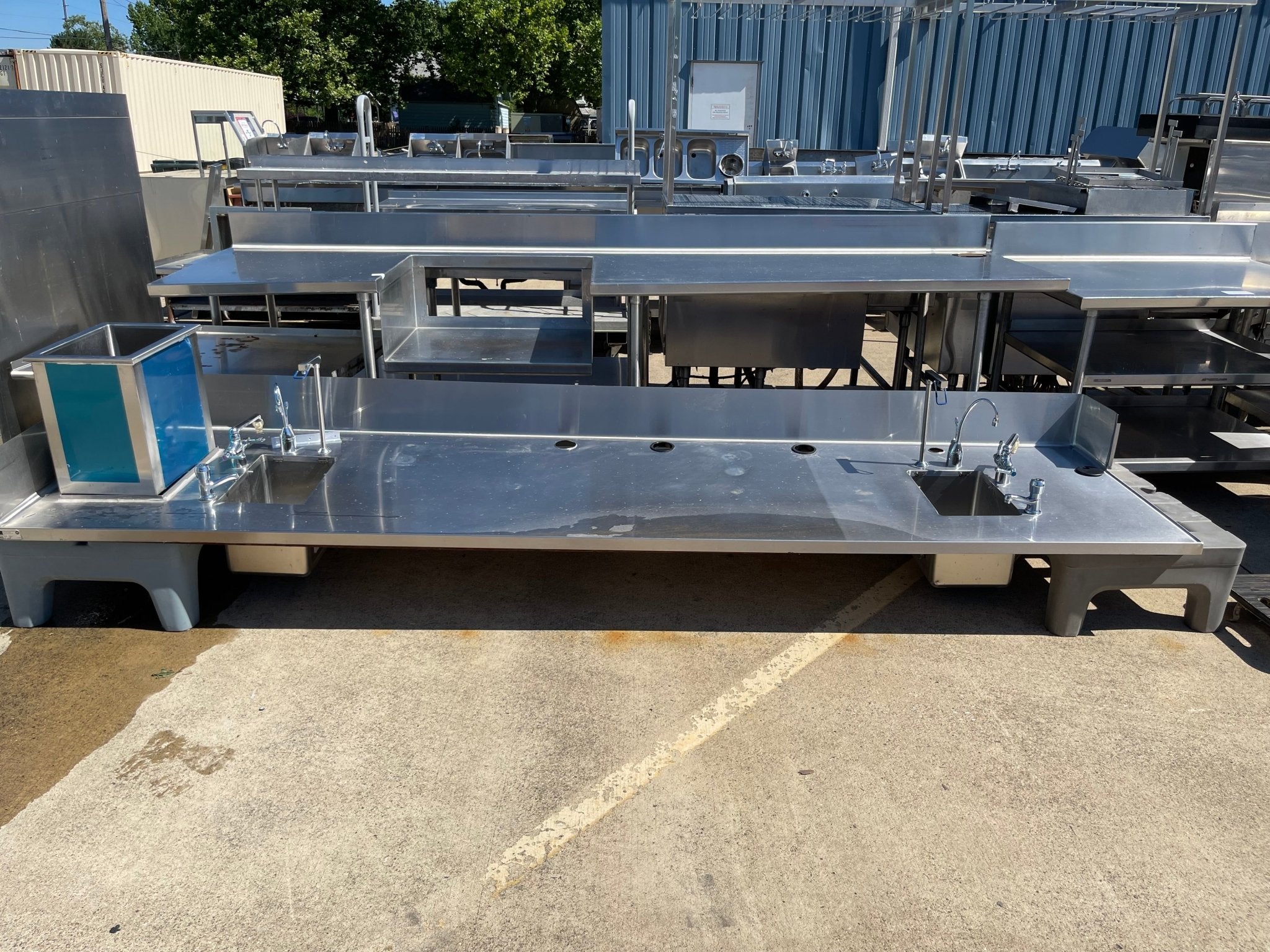 Used 136" Stainless Steel Counter with 2 Sink Compartments, Faucets and Ice Bin - SS5 - Falcon Restaurant Supply - 1