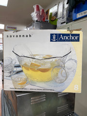 Used Anchor Savannah 7 Quart Glass Punch Bowl Set for 8