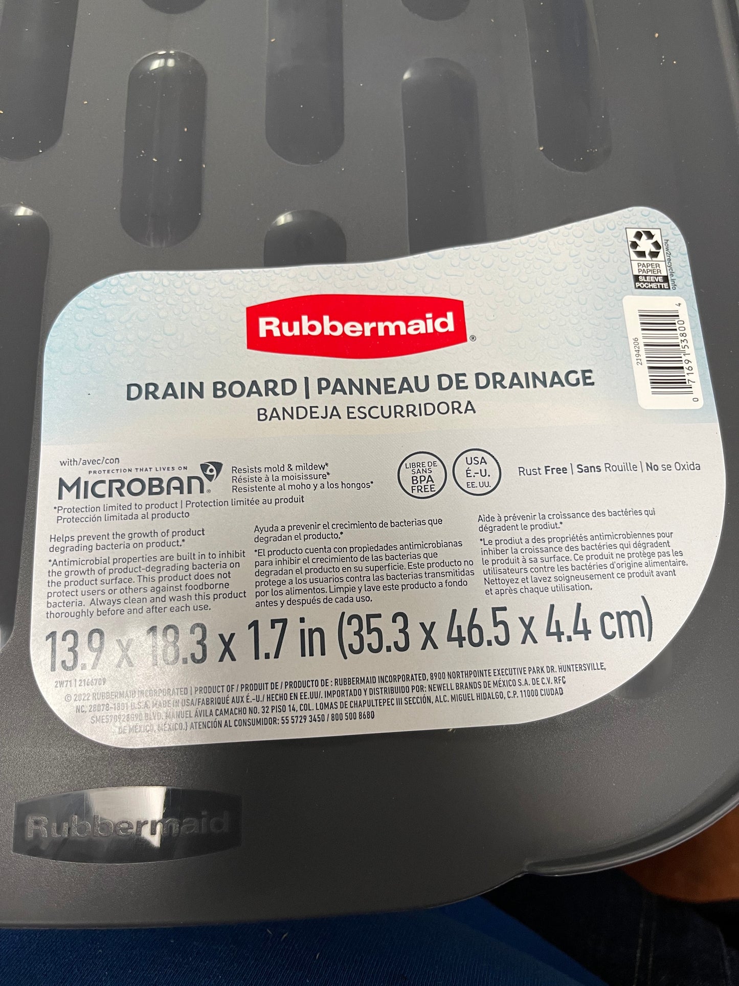 New Rubbermaid 2166709 Gray Antimicrobial Dish Drain Board for Sink