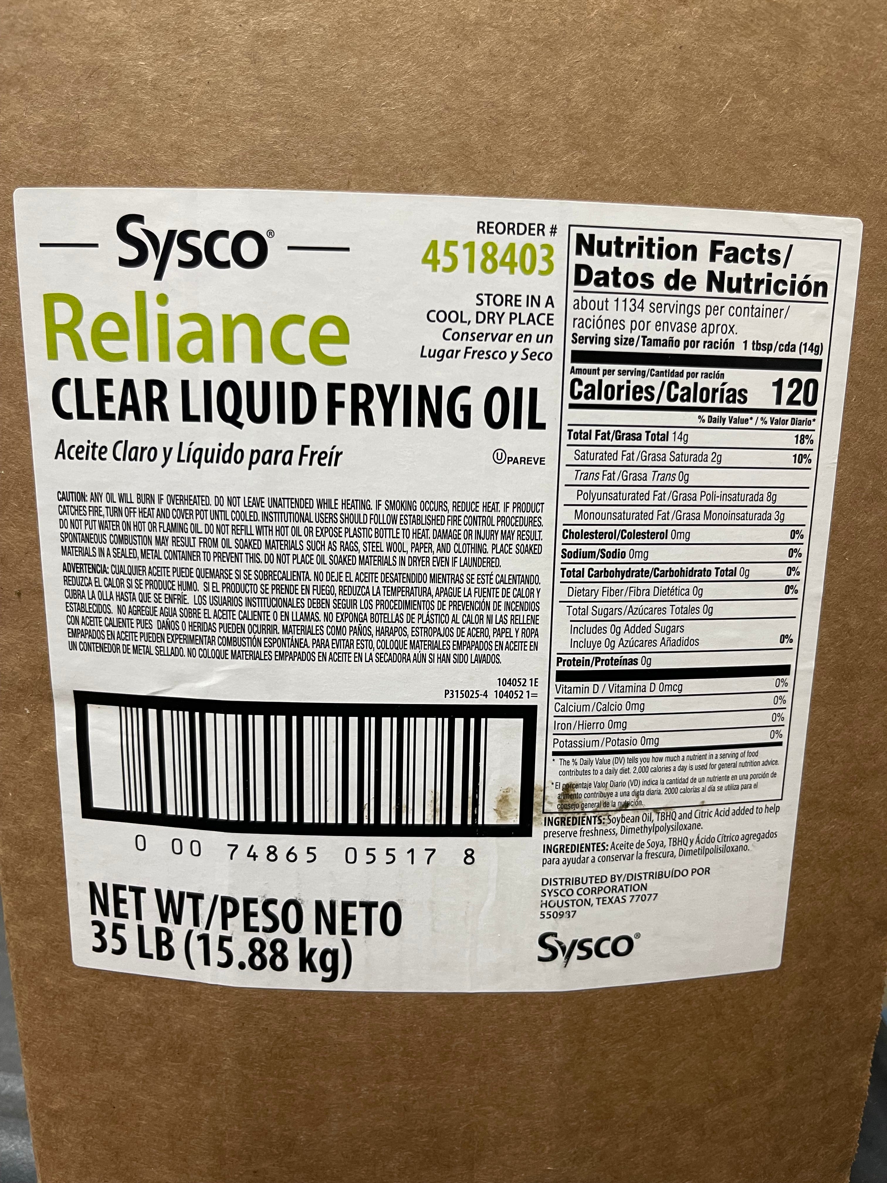 New Sysco Reliance Clear Liquid Soybean Frying Oil 35lb - JS