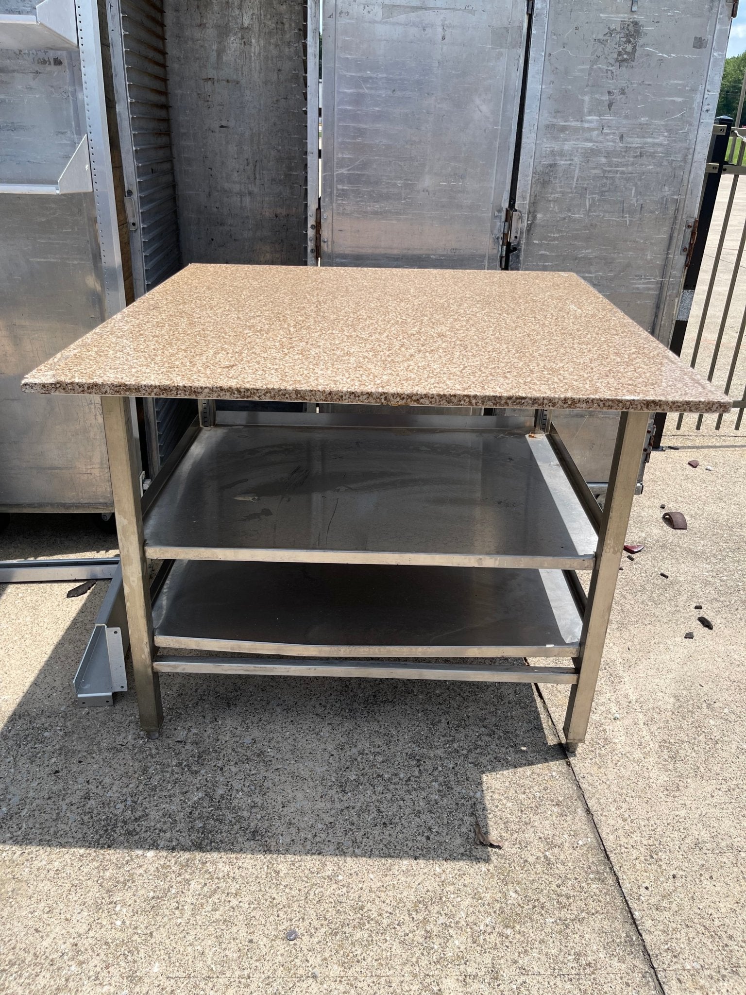 Used 41.5"x40" Stainless Steel Baking/Candy Table with 3/4" Marble Top - SS54 - Falcon Restaurant Supply - 3