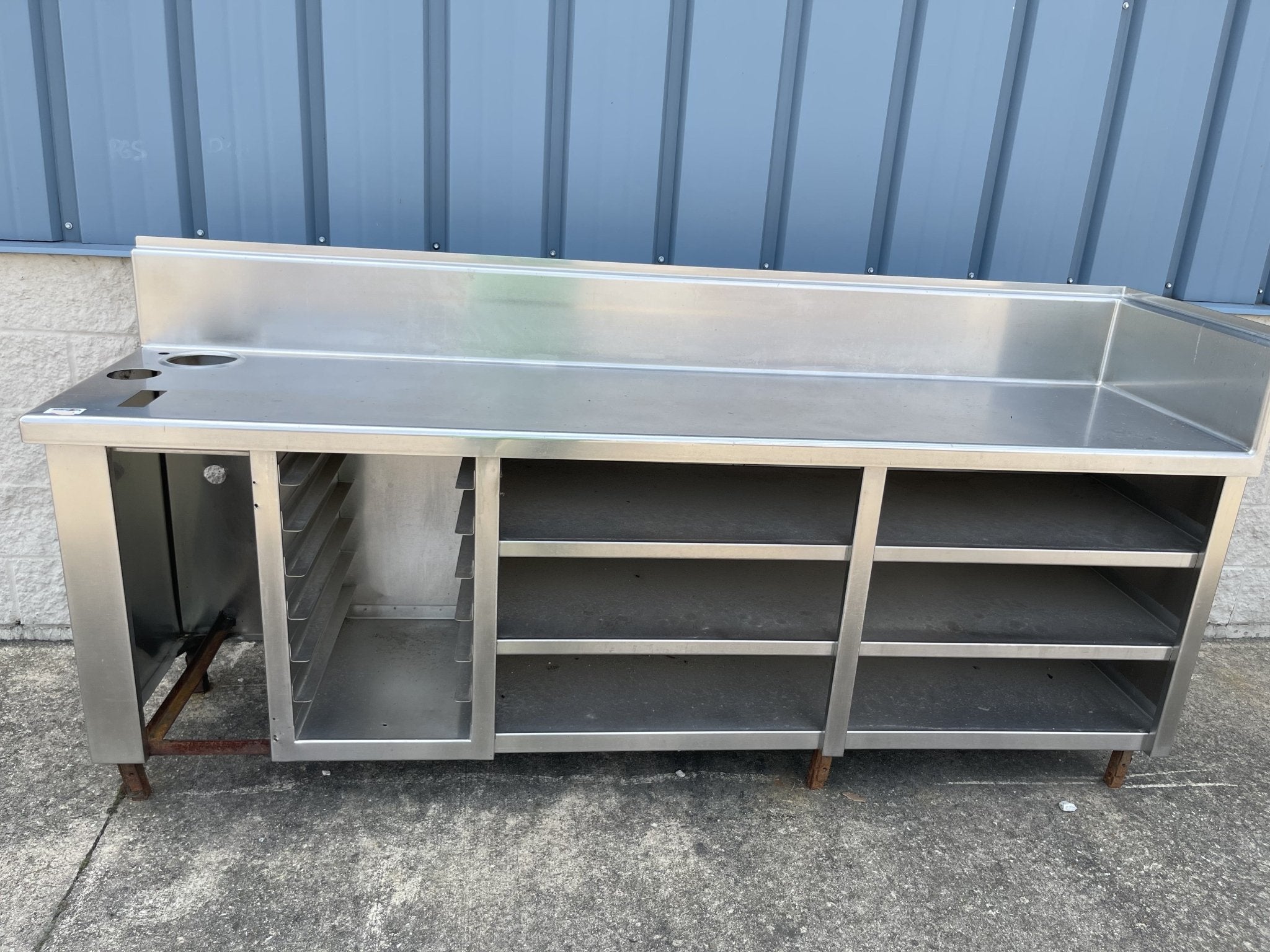 Used 96" Stainless Steel Table Counter with Shelves and Tray Rack - SS37 - Falcon Restaurant Supply - 1