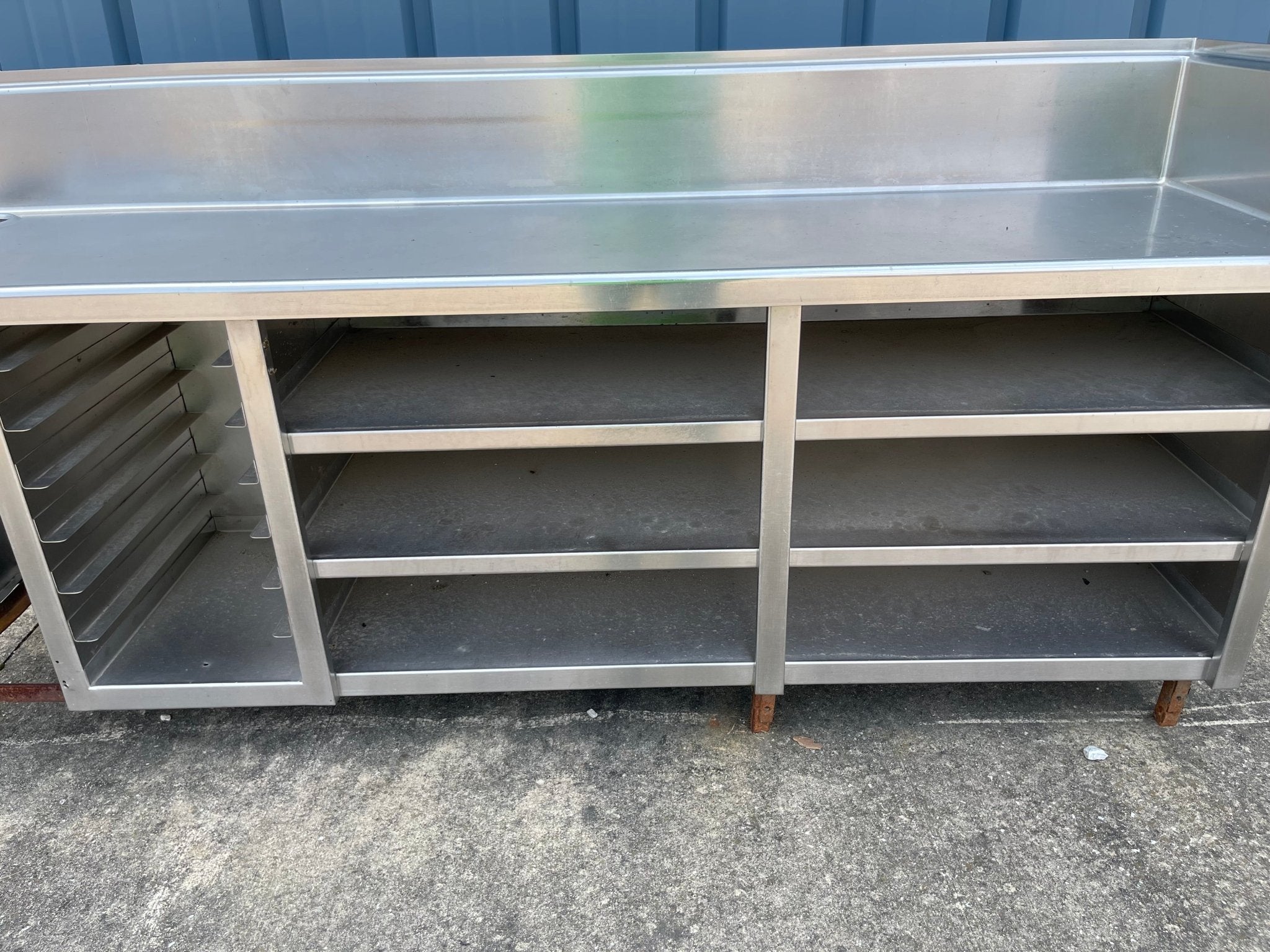 Used 96" Stainless Steel Table Counter with Shelves and Tray Rack - SS37 - Falcon Restaurant Supply - 5