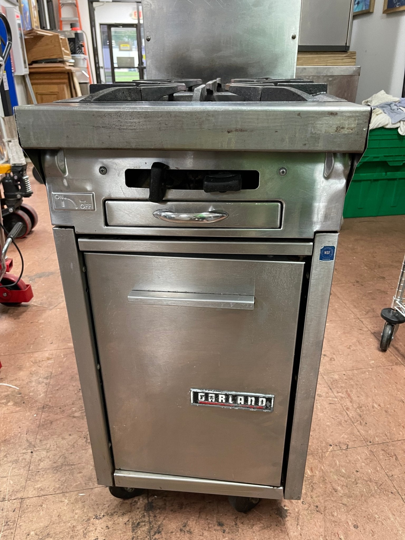 Used Garland 2 Burner 17" Commercial Natural Gas Stove with Cabinet Base - Falcon Restaurant Supply - 1