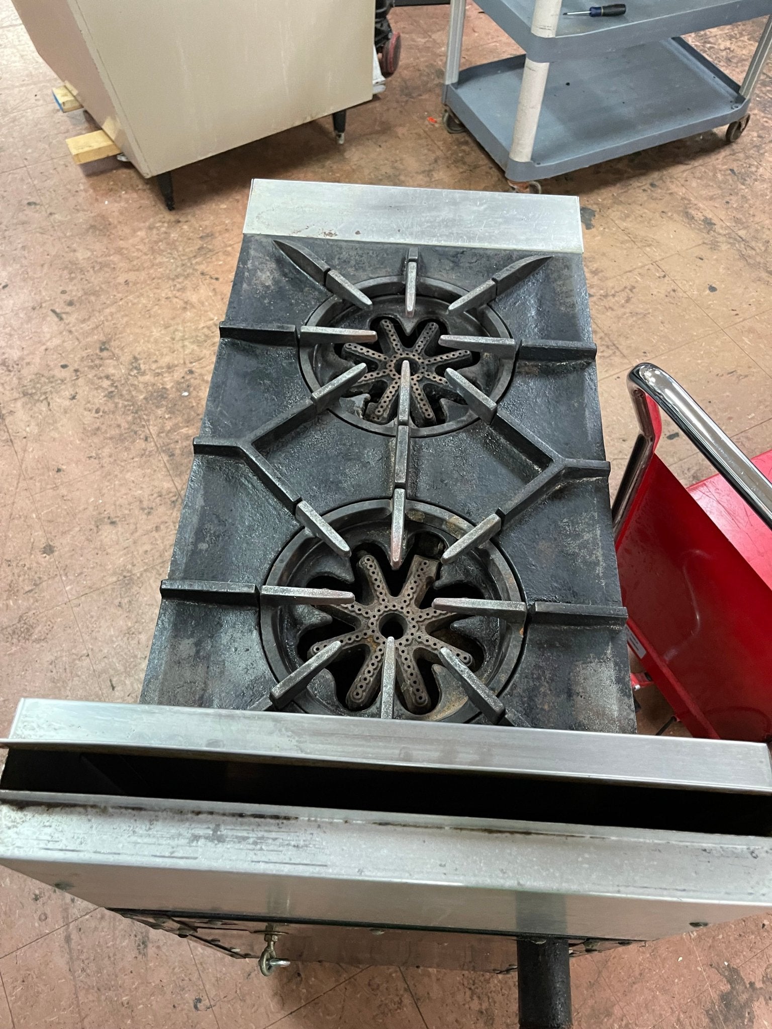 Used Garland 2 Burner 17" Commercial Natural Gas Stove with Cabinet Base - Falcon Restaurant Supply - 7