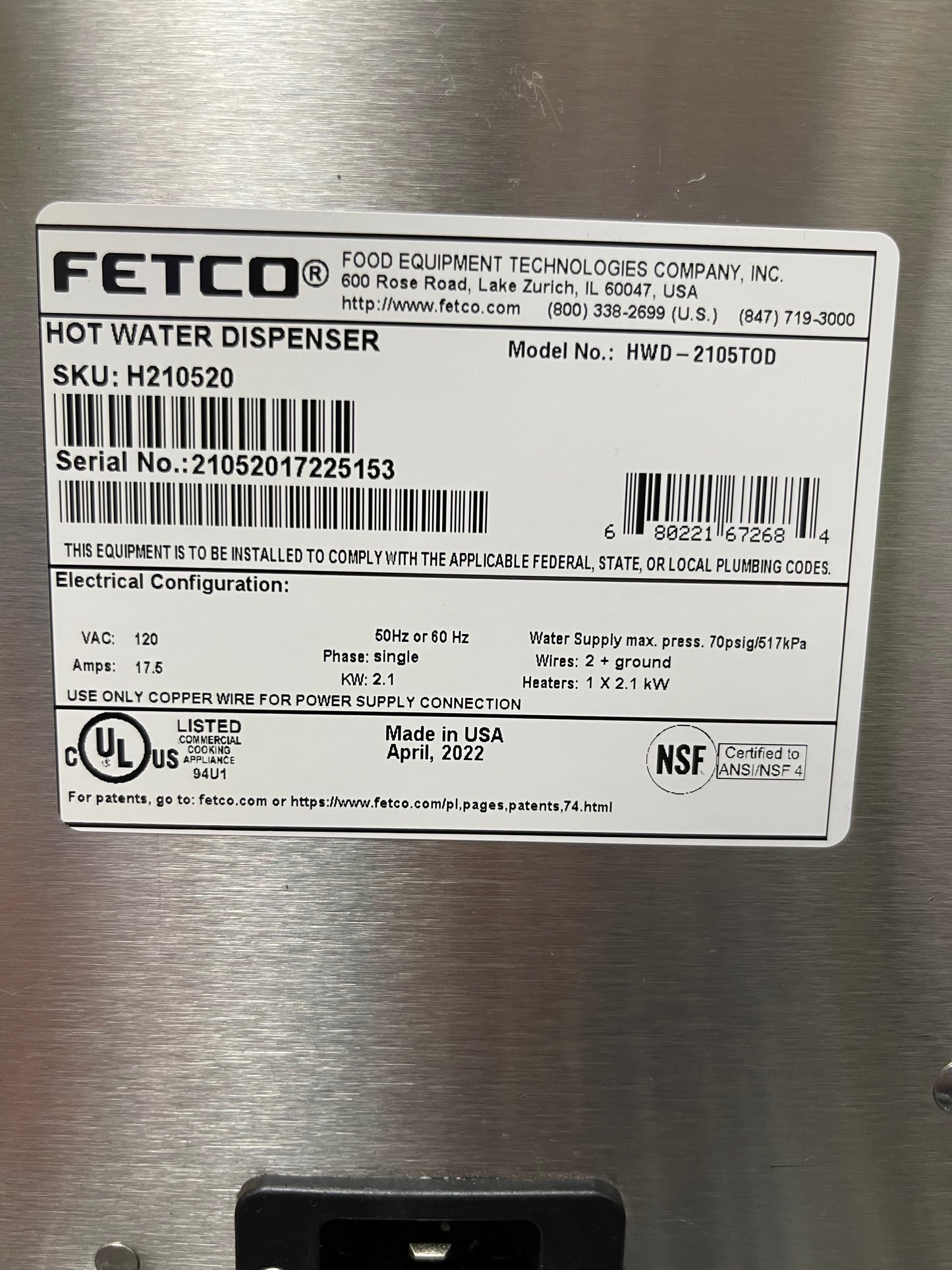 Used Fetco HWD-2105TOD On-Demand Temperature Hot Water Dispenser 120V, 2.2 kW