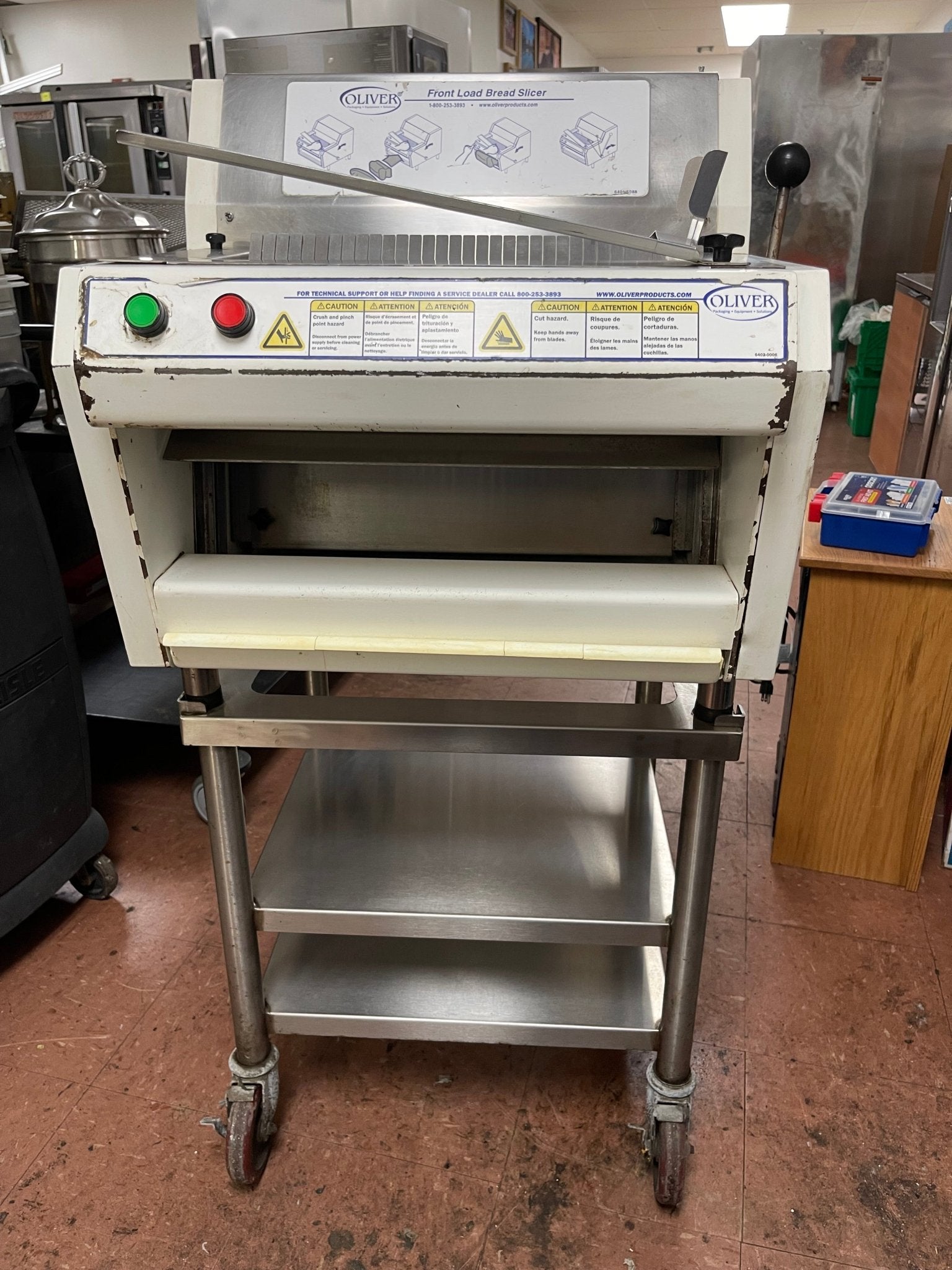 Used Oliver 732 - N Legacy Countertop Front Load Bread Slicer with Stand 120V - Falcon Restaurant Supply - 1