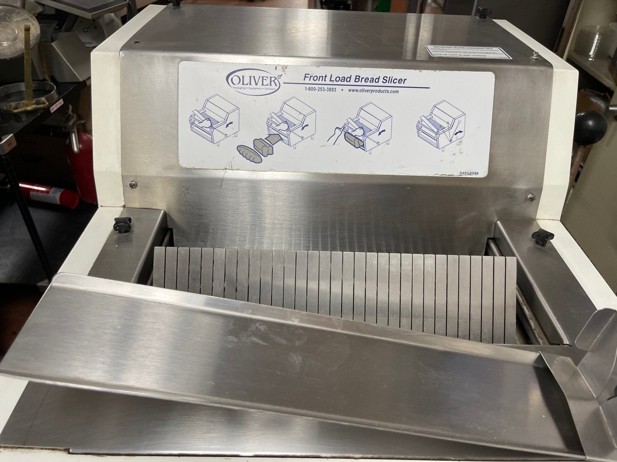 Used Oliver 732 - N Legacy Countertop Front Load Bread Slicer with Stand 120V - Falcon Restaurant Supply - 7