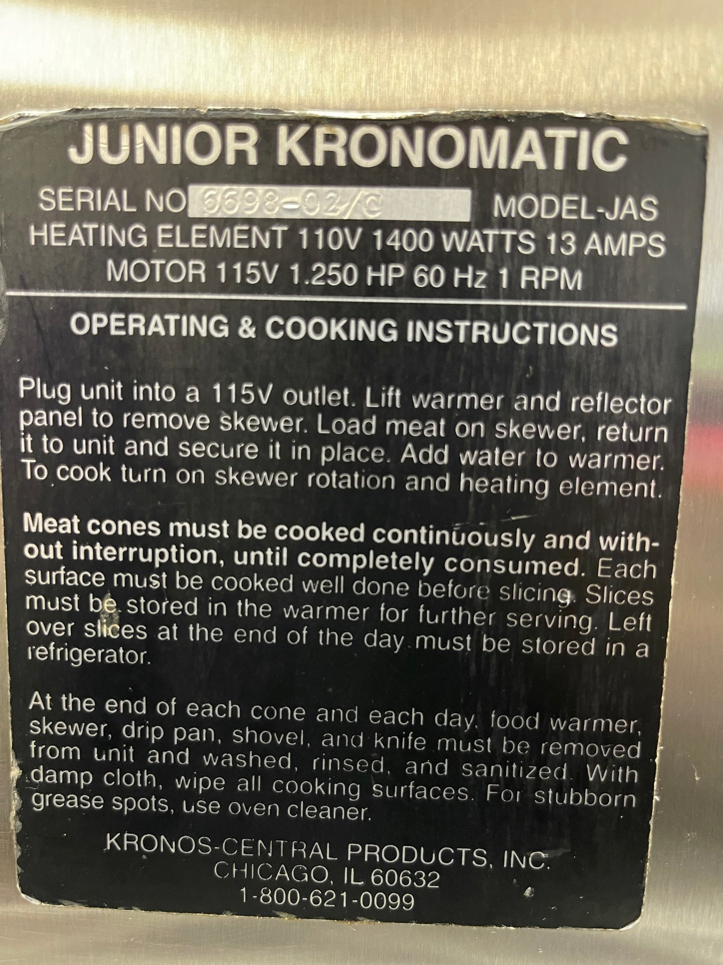 Kronomatic Junior Commercial Electric Gyro Broiler Cooker 110V 1400W