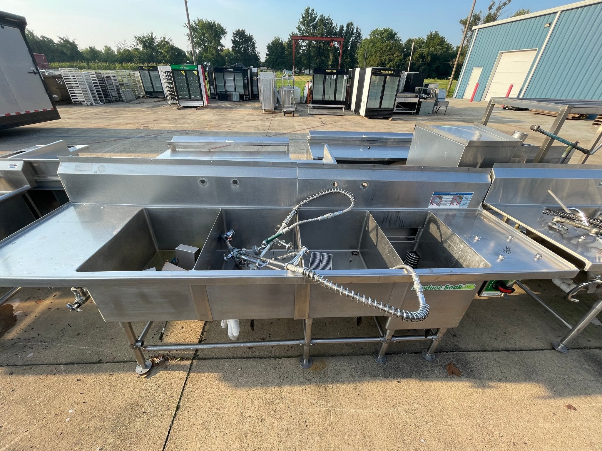 Used 111" Stainless Steel 4 Compartment Sink with Produce Soak - SS225 - Falcon Restaurant Supply - 1