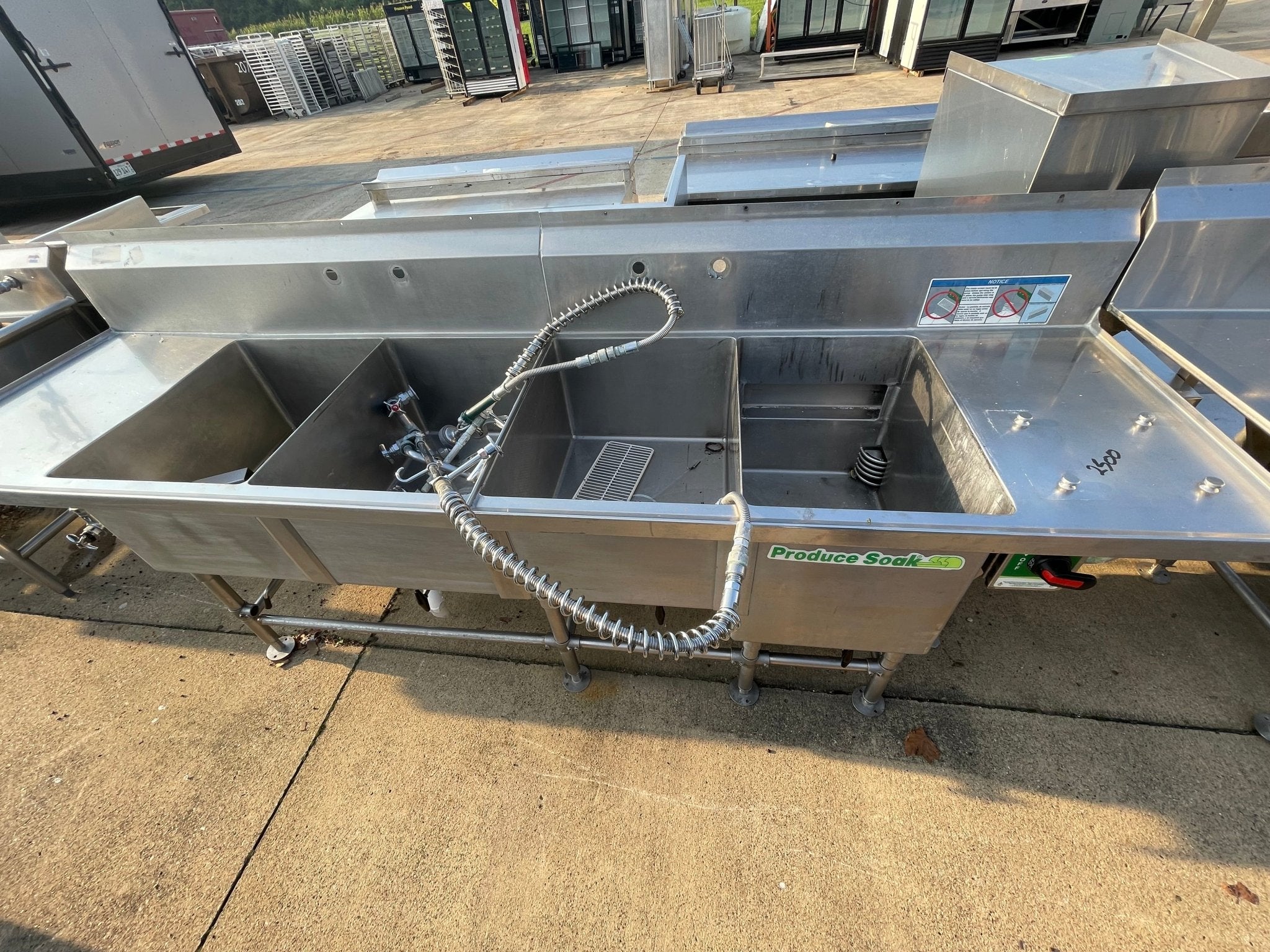 Used 111" Stainless Steel 4 Compartment Sink with Produce Soak - SS225 - Falcon Restaurant Supply - 4