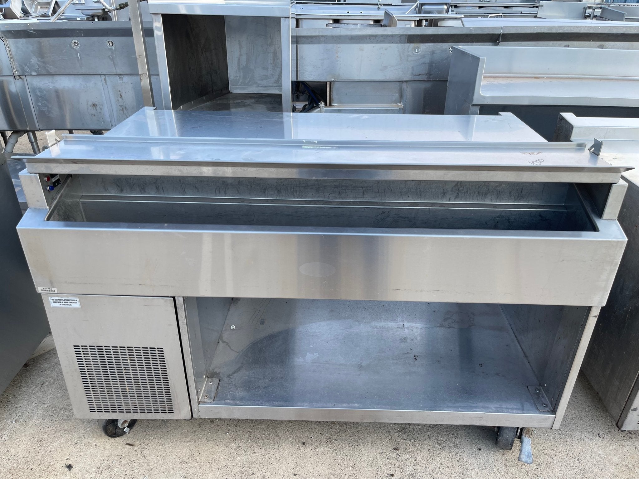 Used 60" Randell Equipment Stand Work Station Table Heated Shelf with Refrigerated Well - SS232 - Falcon Restaurant Supply - 1