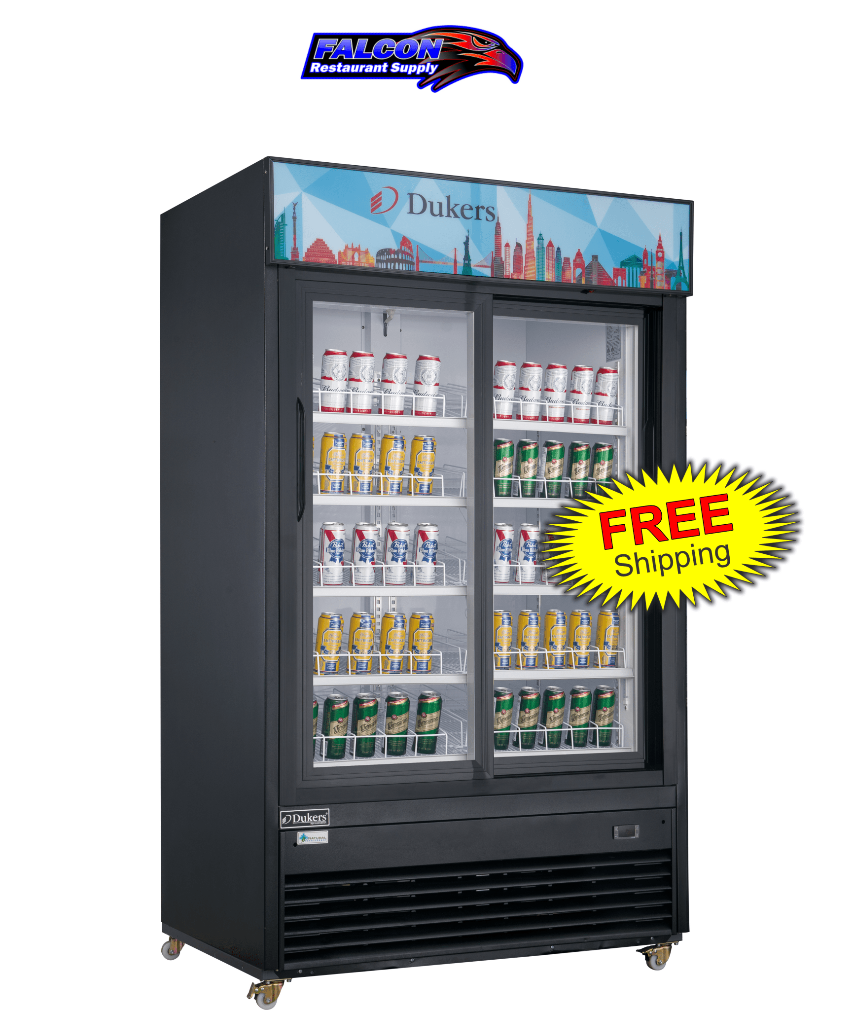 New Dukers DSM - 47SR Commercial Glass Sliding 2 - Door Merchandising Reach - in Cooler Refrigerator in Black - Falcon Restaurant Supply - 1