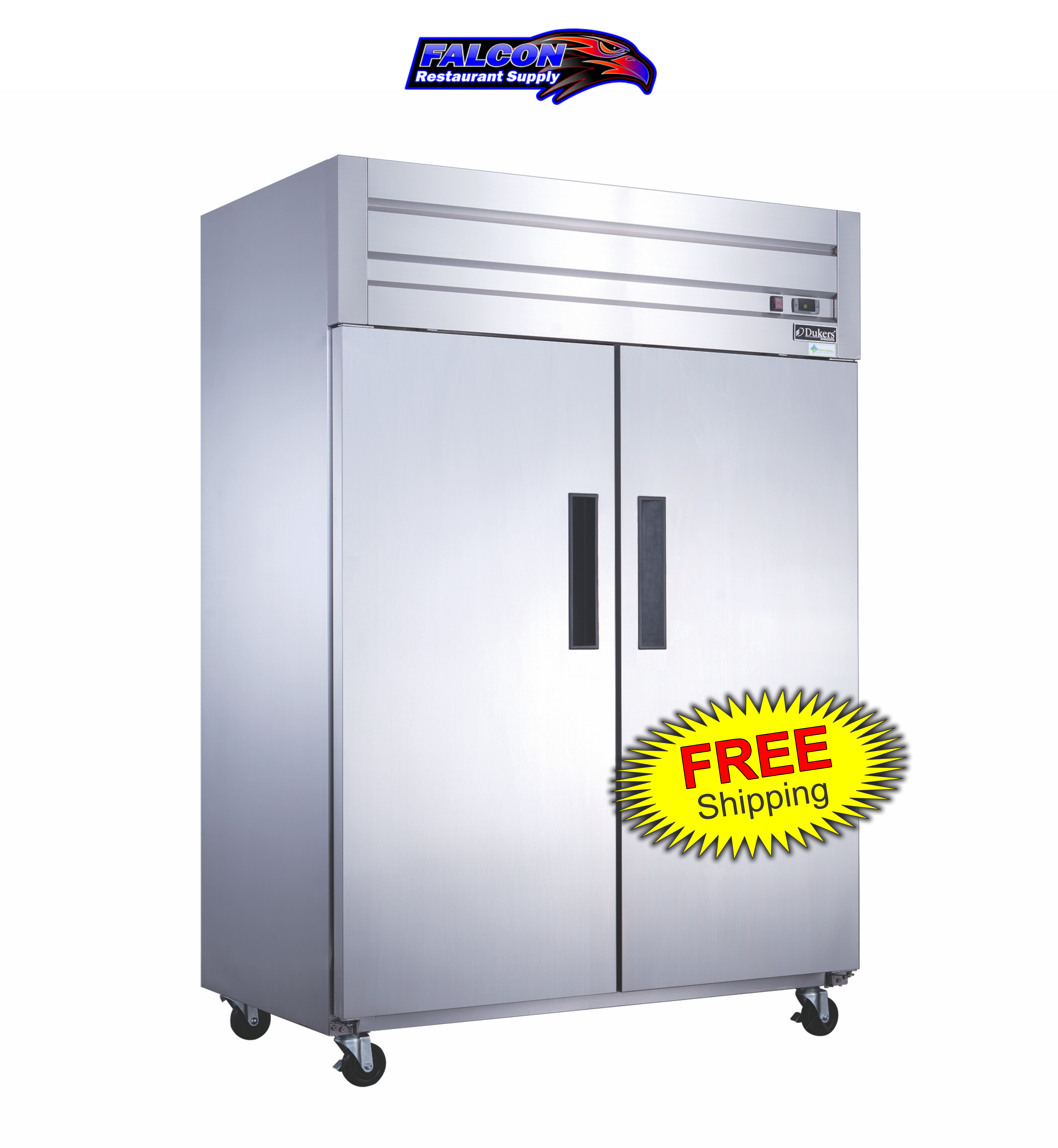 New Dukers D55AR Commercial Solid 2-Door Top Mount Refrigerator in Stainless Steel