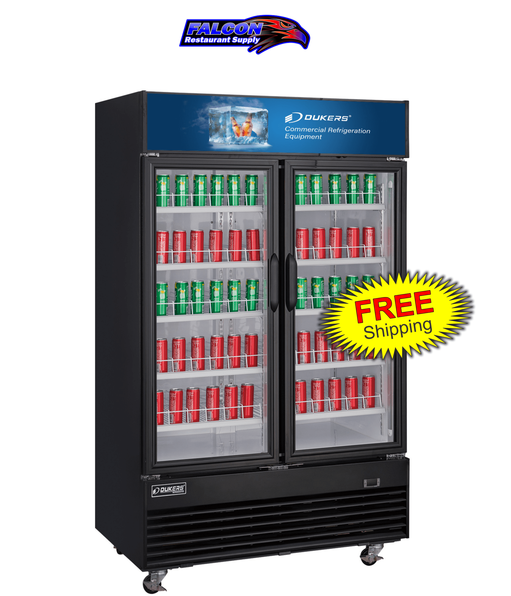 New Dukers DSM - 48R Commercial Glass Swing 2 - Door Merchandising Reach - in Cooler Refrigerator in Black - Falcon Restaurant Supply - 1
