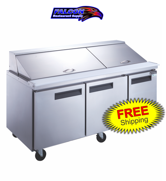 Dukers DSP72-30M-S3 3-Door Commercial Food Prep Table Refrigerator in Stainless Steel with Mega Top
