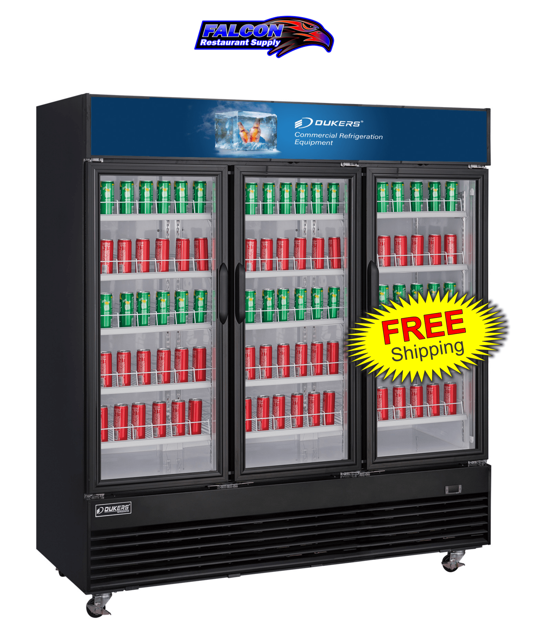 New Dukers DSM - 69R Commercial Glass Swing 3 - Door Merchandising Reach - in Cooler Refrigerator - Falcon Restaurant Supply - 1