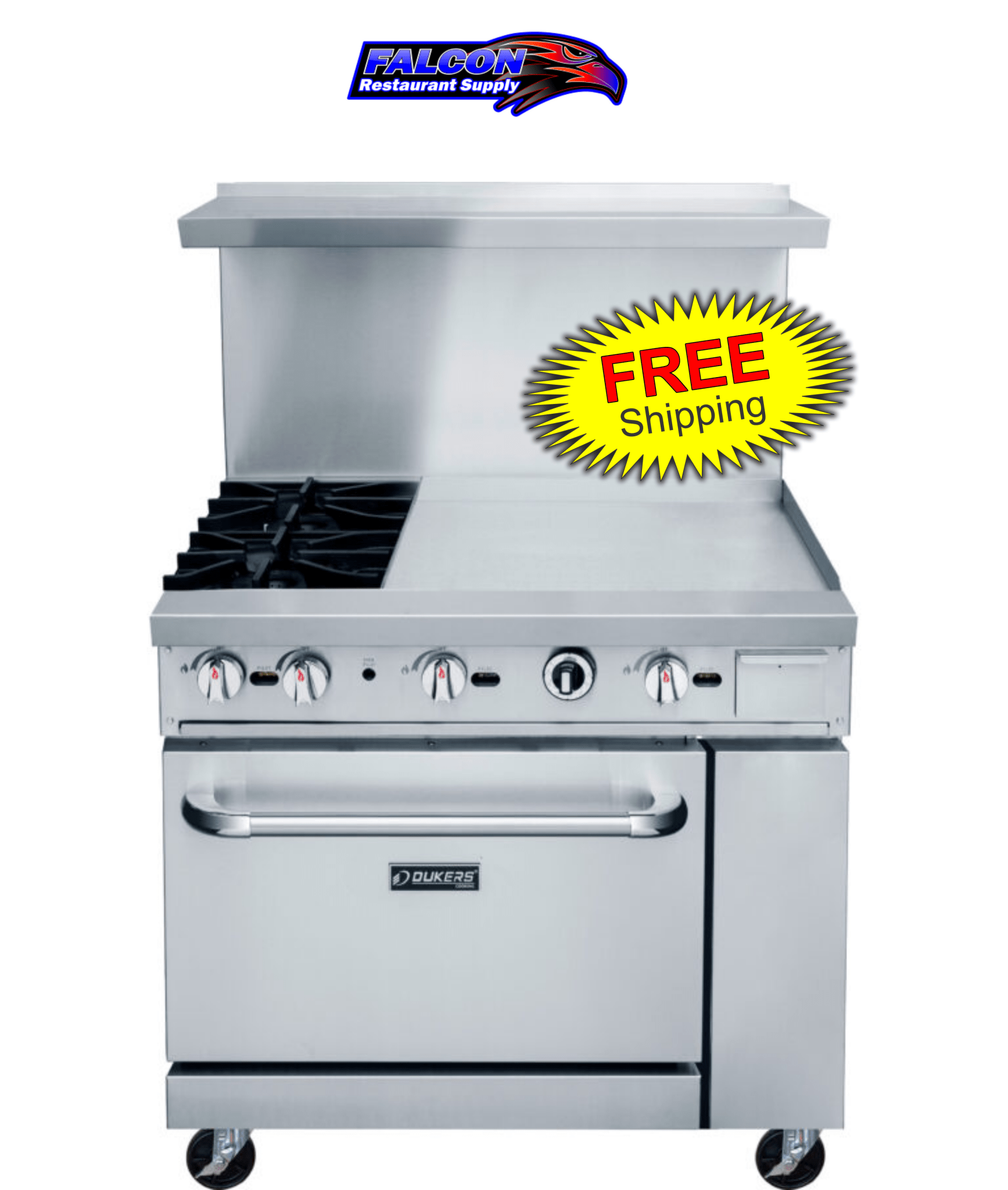 New Dukers DCR36 - 2B24GM 36″ Gas Range with Two (2) Open Burners & 24″ Flat Top Griddle - Falcon Restaurant Supply - 1