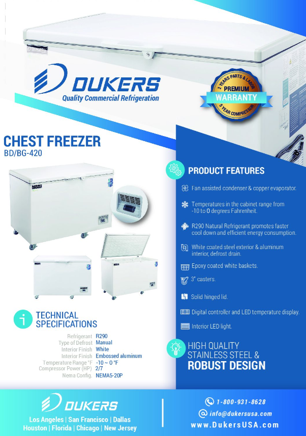 New Dukers BD/BG-420 Commercial Chest Freezer