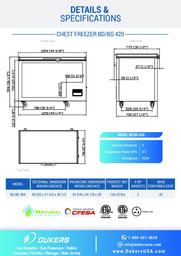 New Dukers BD/BG-420 Commercial Chest Freezer
