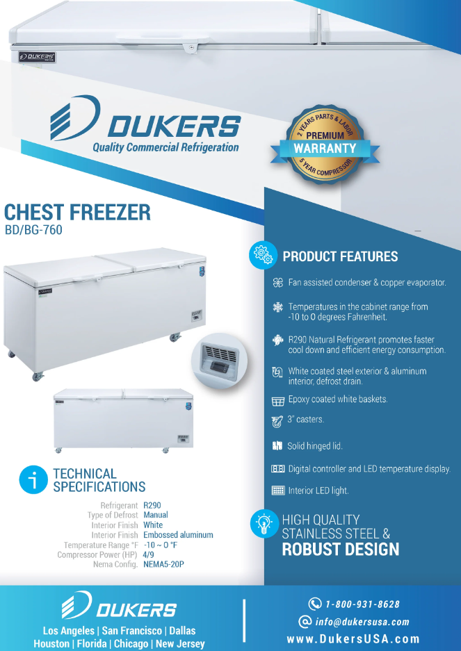 New Dukers BD/BG-760 Commercial Chest Freezer