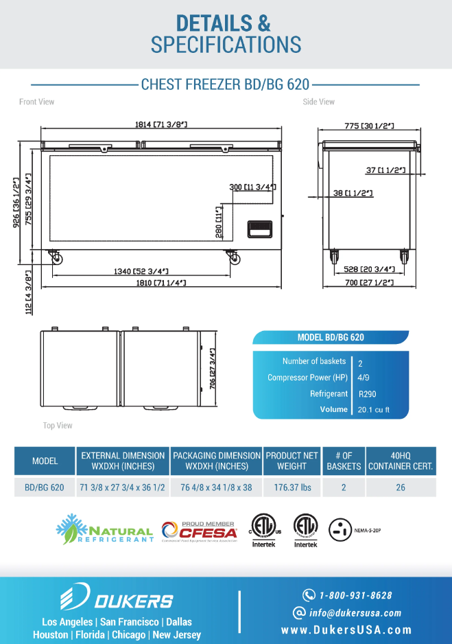 New Dukers BD/BG-620 Commercial Chest Freezer