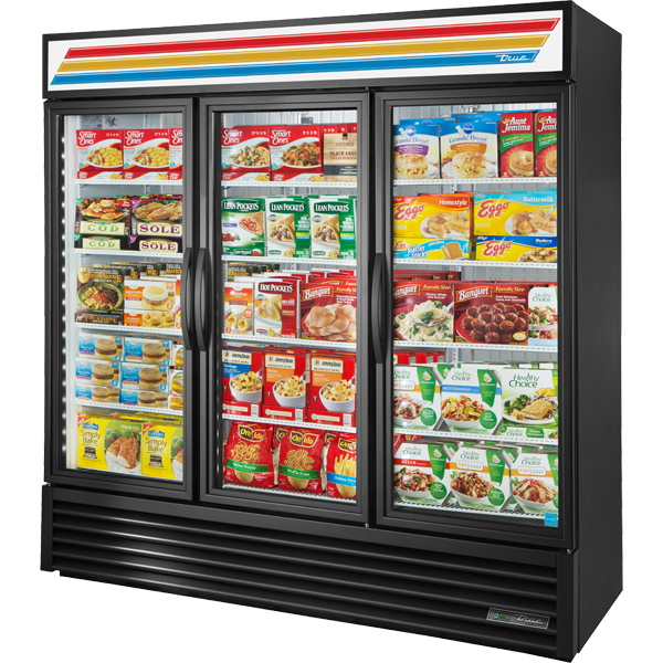 True GDM-72F-LTF-HC~TSL01 72" Glass Door Freezer Merchandiser 3-Section 72 cu ft