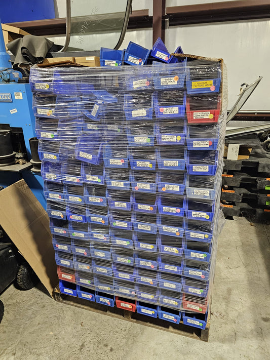 Large Pallet LOT of Plastic Stackable Organizing Bolts Screws Parts Storage Bins