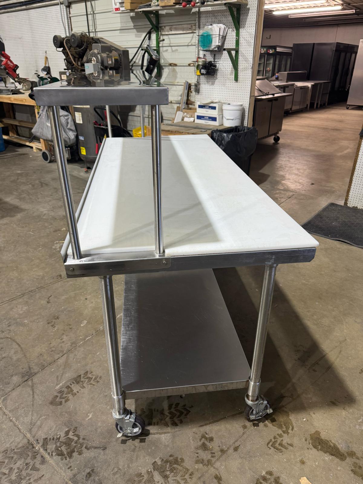 Used John Boos 36"x72" Stainless Table with Overshelf, Casters and Cutting Board - Falcon Restaurant Supply - 4