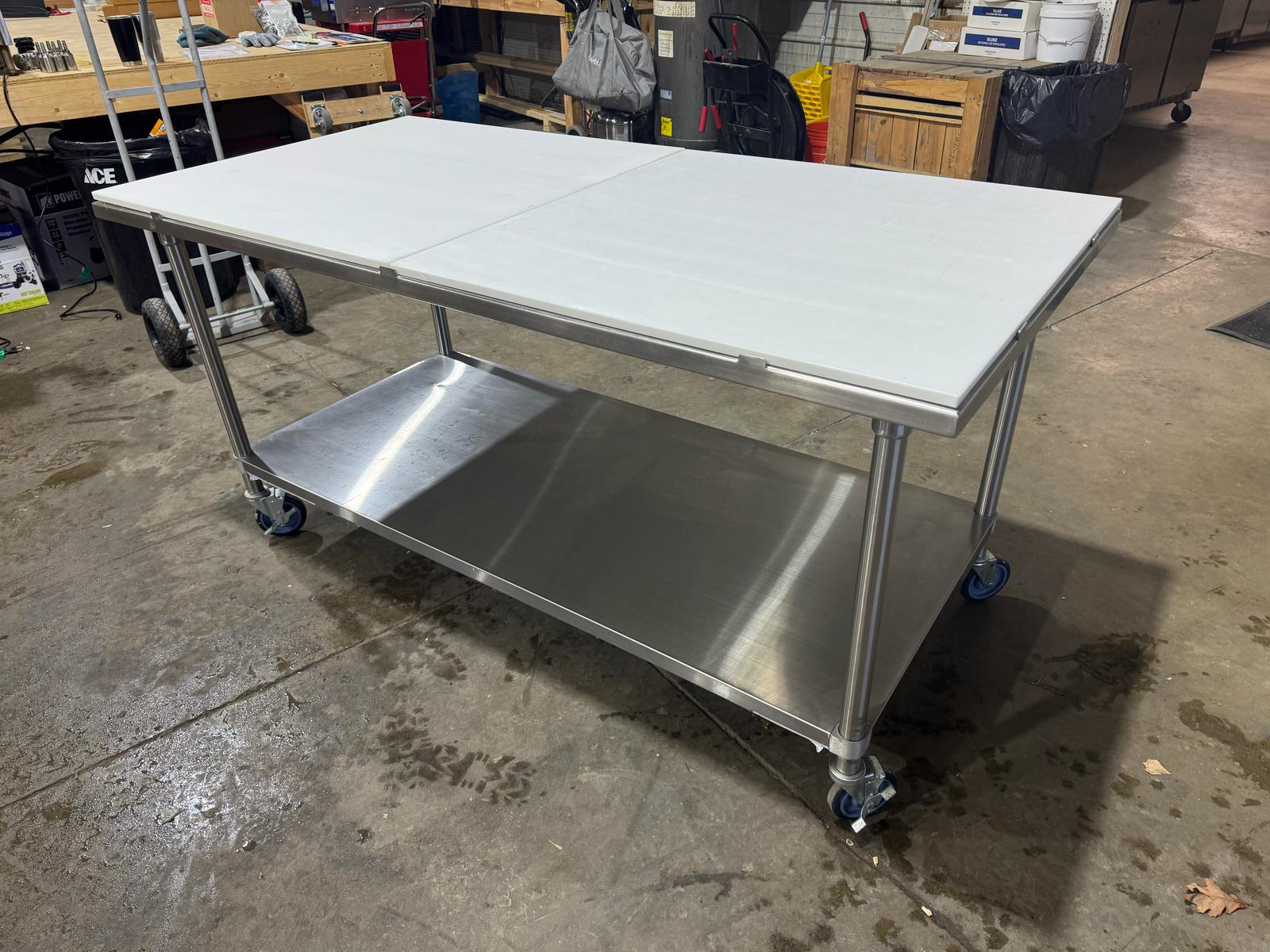 Used Advance Tabco MS-366 72" Stainless Table w/ Undershelf Casters and Cutting Board