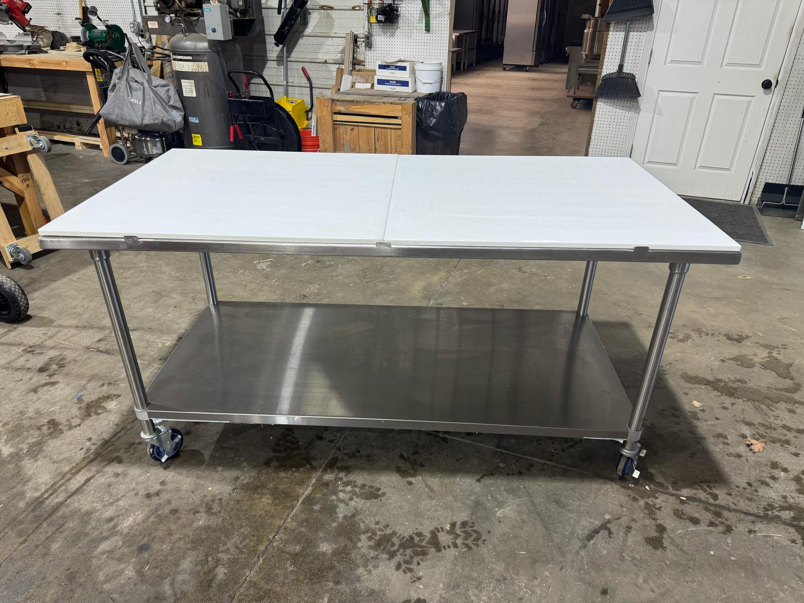 Used Advance Tabco MS-366 72" Stainless Table w/ Undershelf Casters and Cutting Board