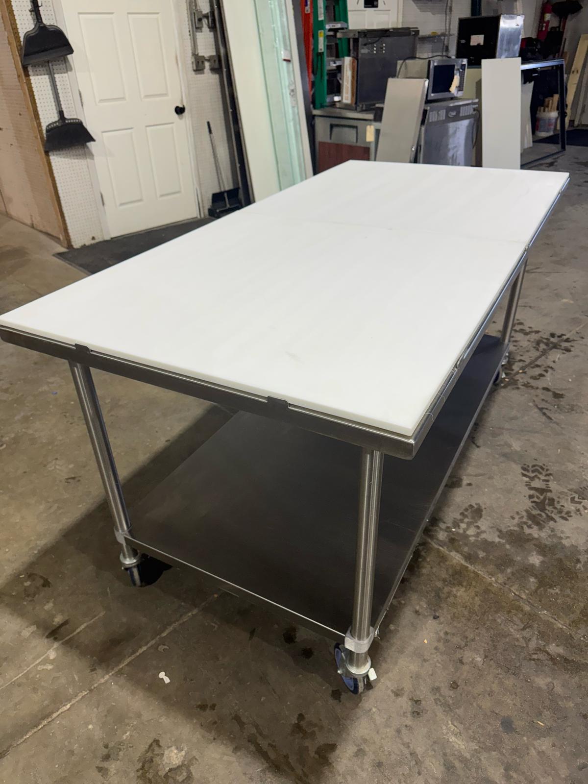 Used Advance Tabco MS-366 72" Stainless Table w/ Undershelf Casters and Cutting Board