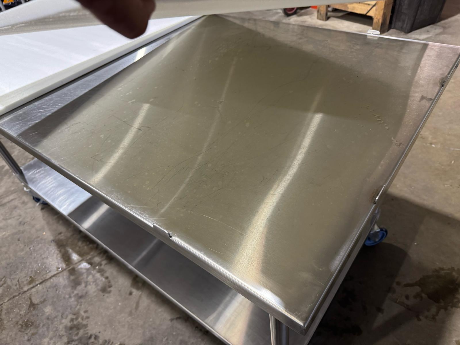 Used Advance Tabco MS-366 72" Stainless Table w/ Undershelf Casters and Cutting Board