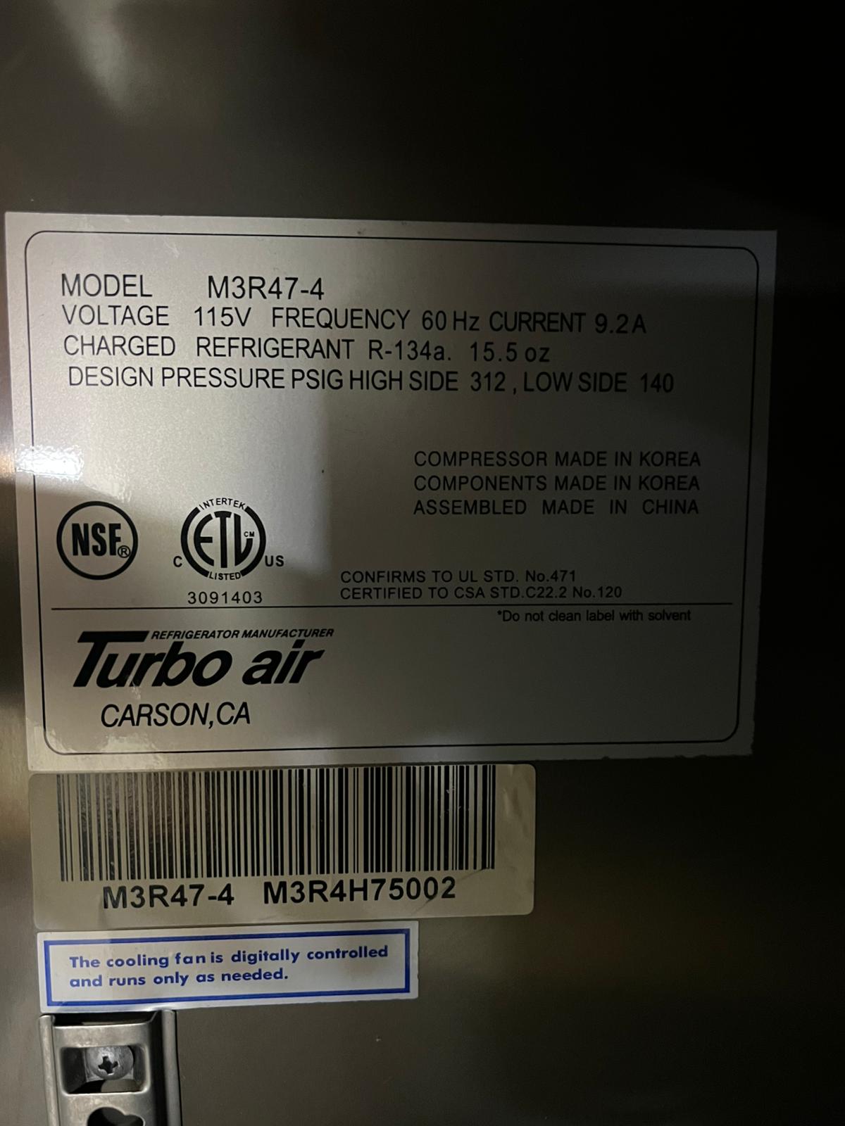 Used Turbo Air M3R47 - 4 52" Solid Half Door Stainless Steel Reach - In Refrigerator 115V - Falcon Restaurant Supply - 7